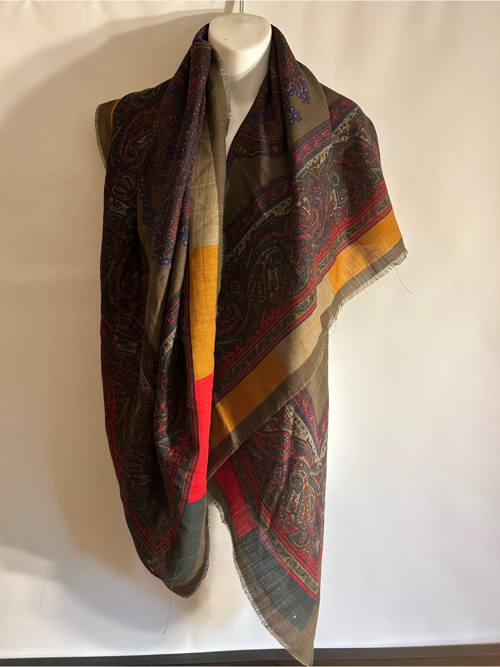 ITALY MADE 100% WOOL WRAP OVERSIZED OLIVE MULTI PAISLEY PATTERN RAW EDGES SCARF
